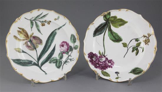 A pair of Chelsea botanical dessert plates, c.1765, 21cm, one broken and repaired